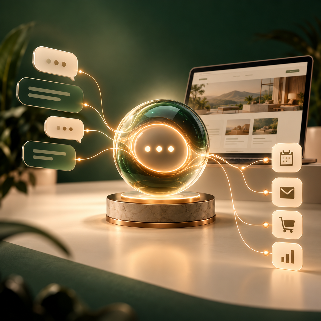 Illustrated AI assistant beside website screens