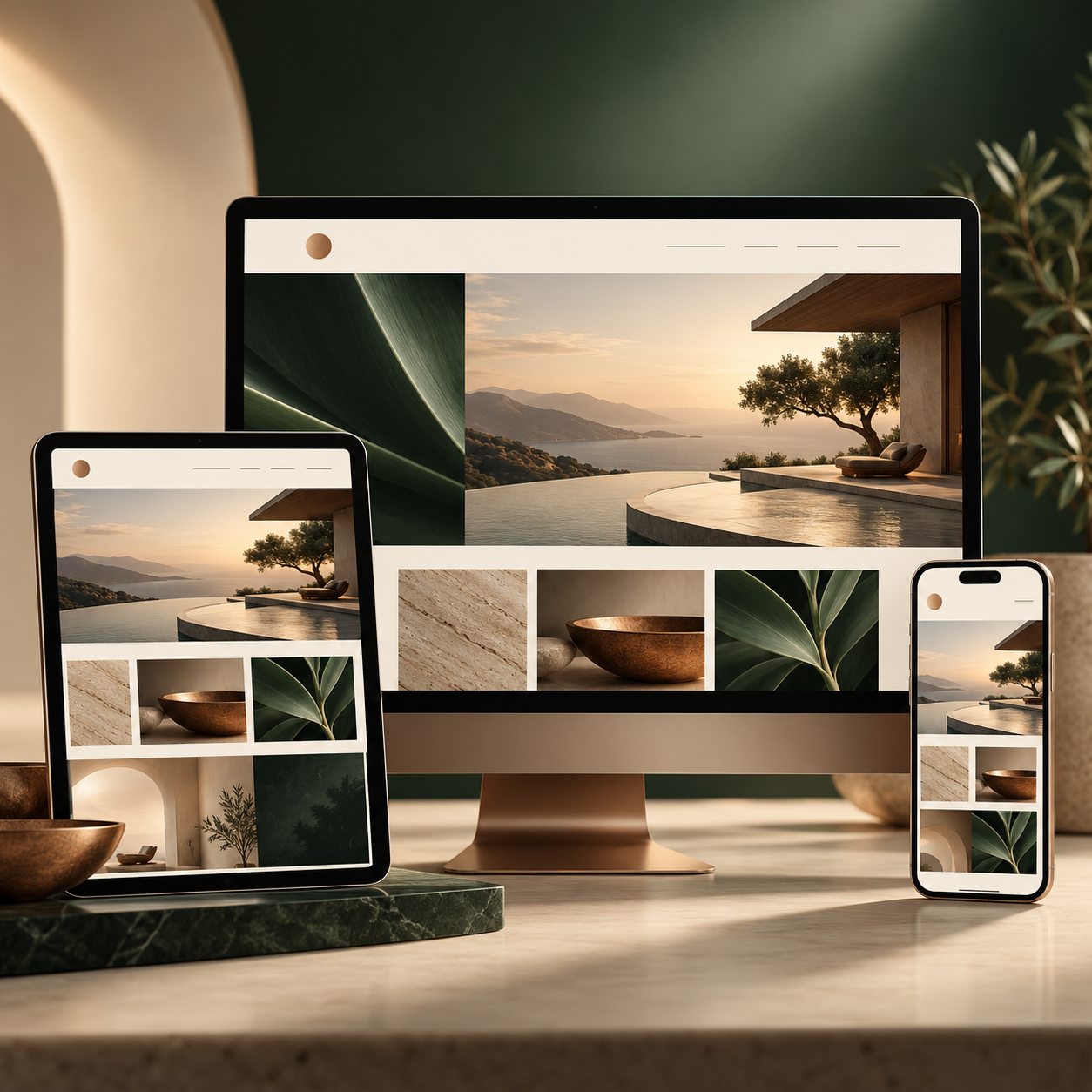 Coordinated website layouts on desktop and mobile screens