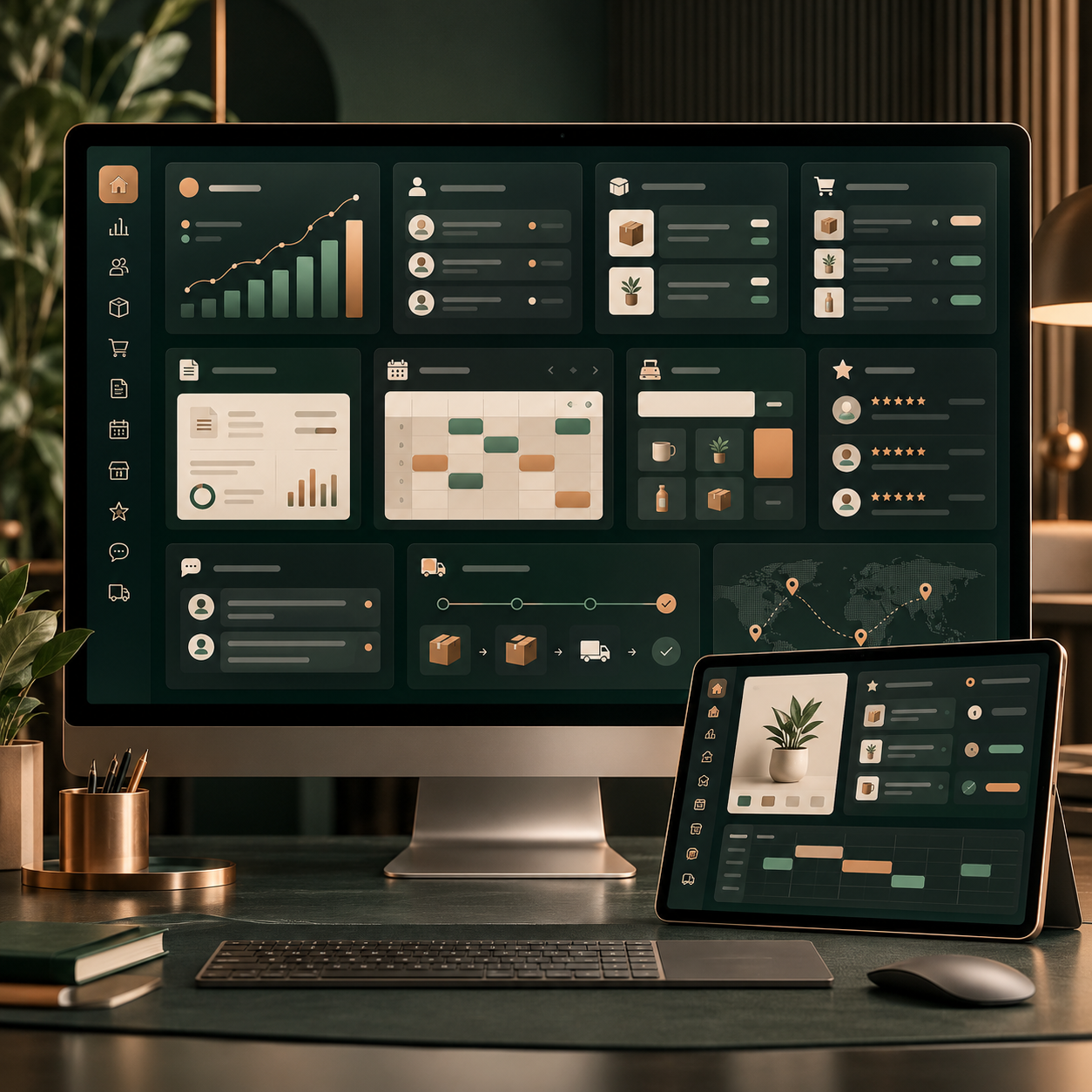 Business management screens in a workspace