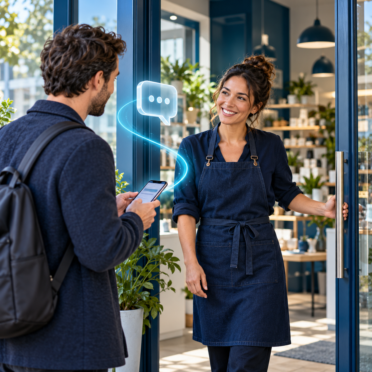 Customer speaking with a business owner with a digital assistance illustration
