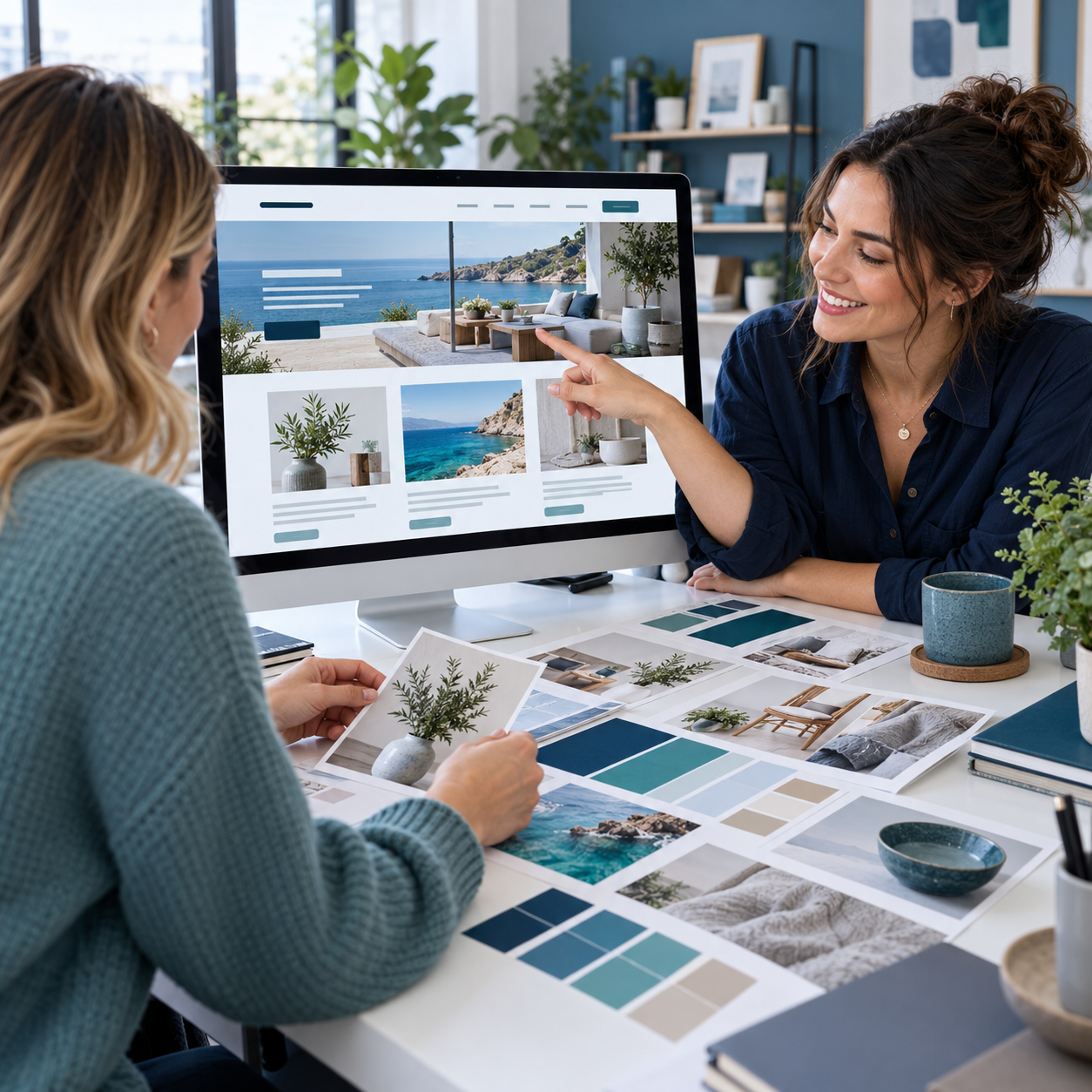 Business owners reviewing website designs together