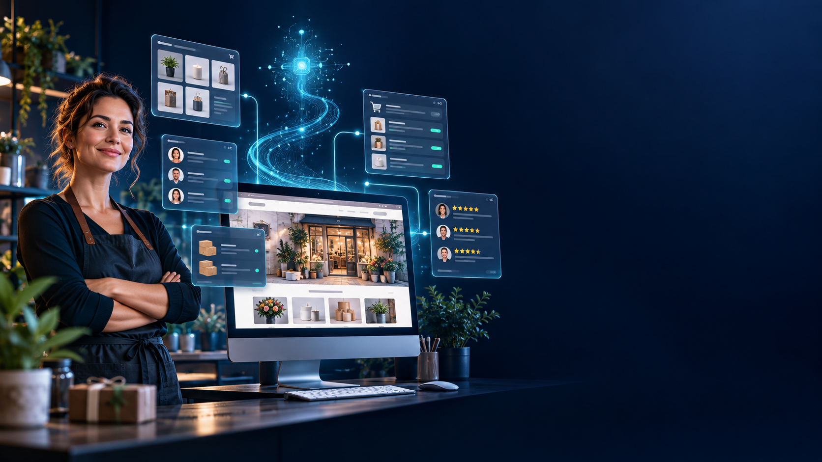 Business owner with website design previews