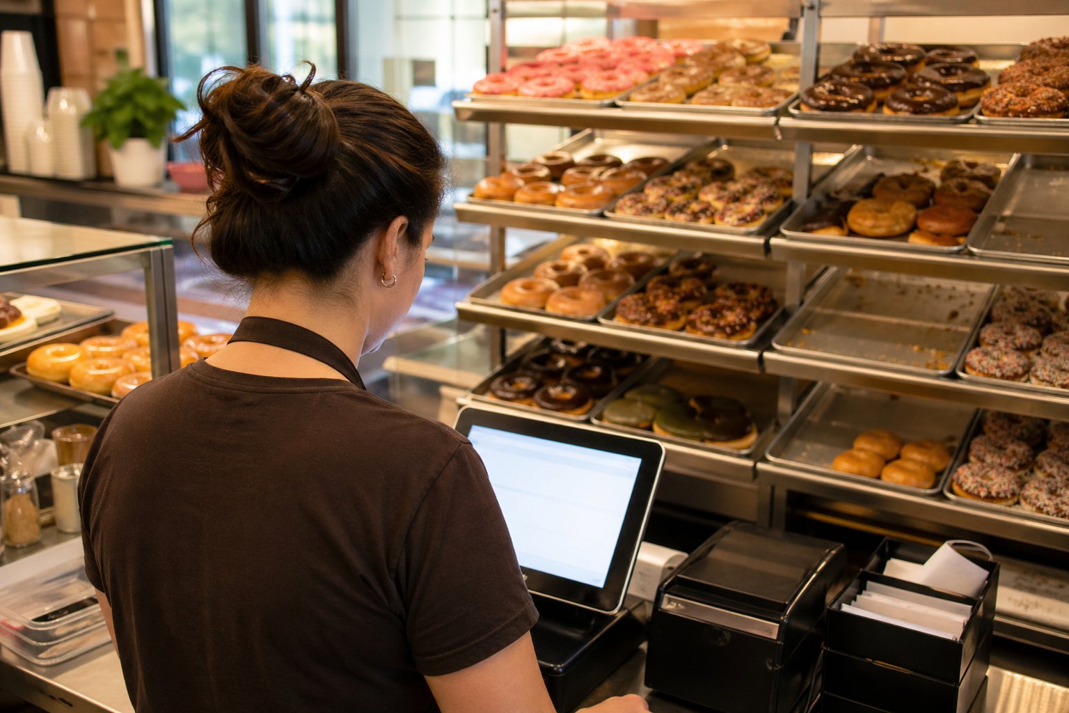 Bakery team member reviewing an order on a laptop