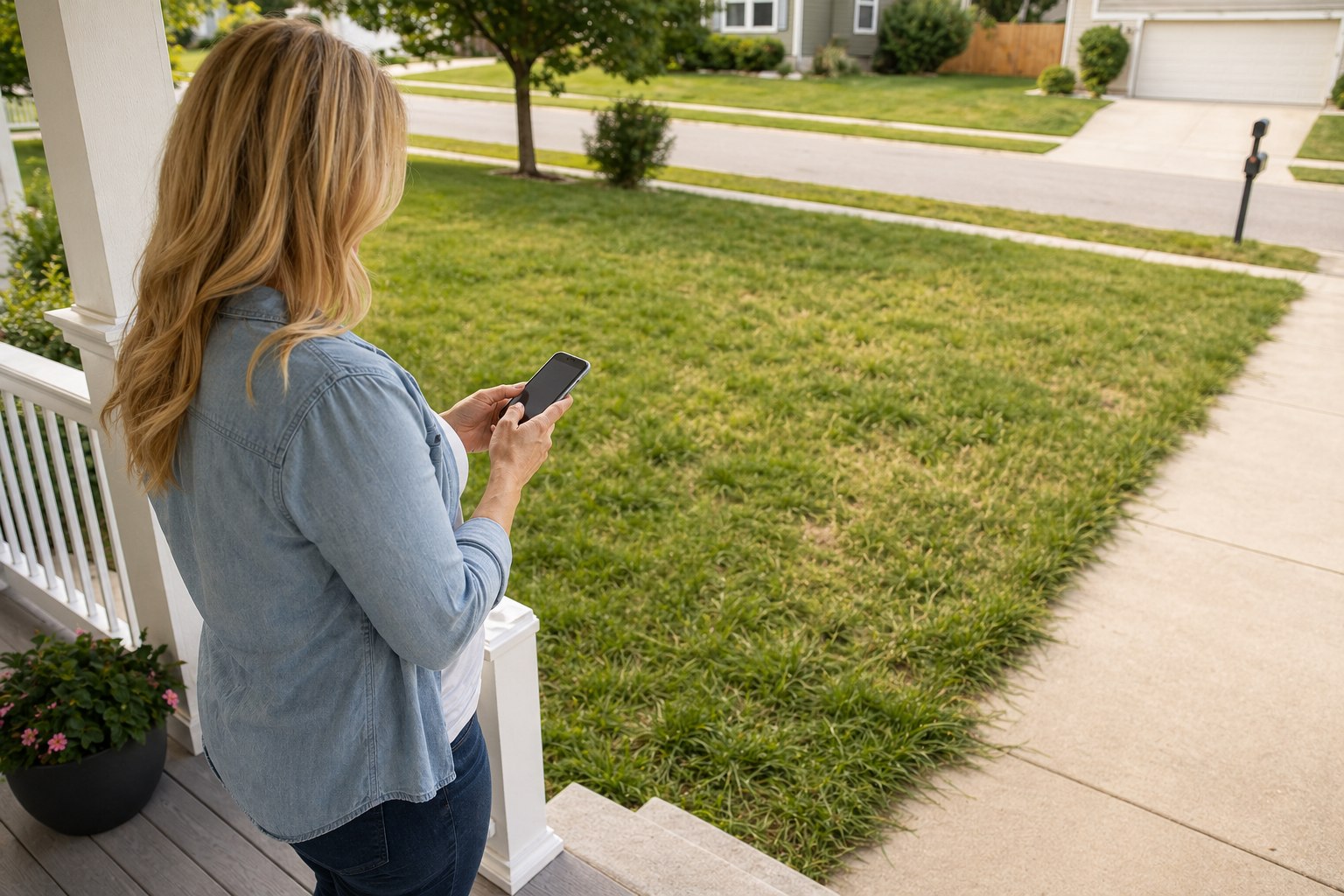 Homeowner checking a phone in a landscaped yard