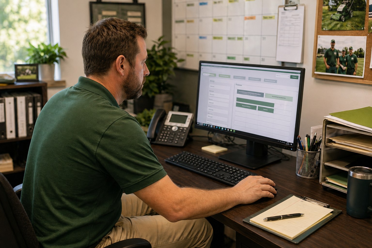 Service business owner reviewing a request on a computer