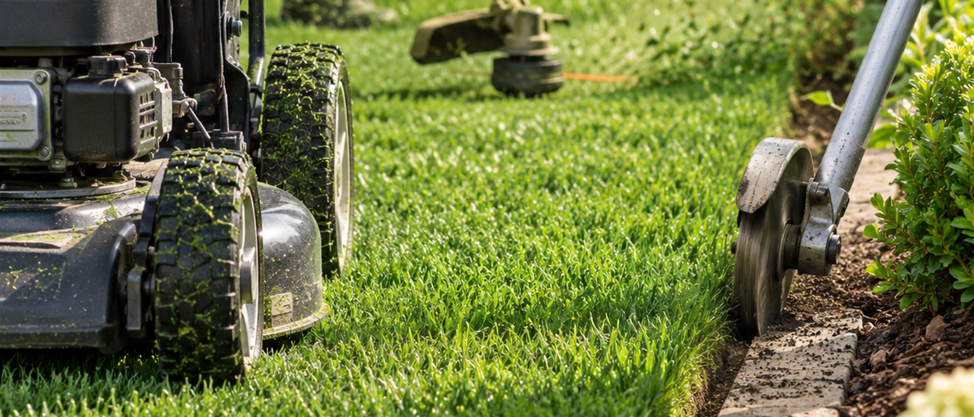 Lawn maintenance equipment beside a landscaped yard