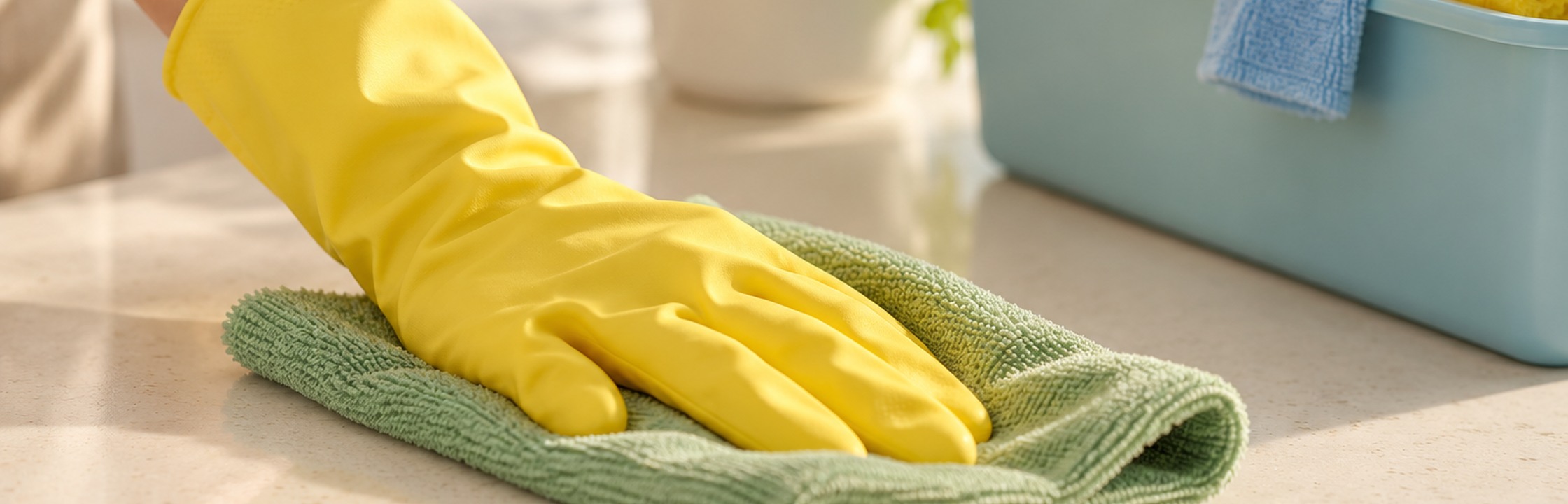 Cleaner wiping a kitchen counter
