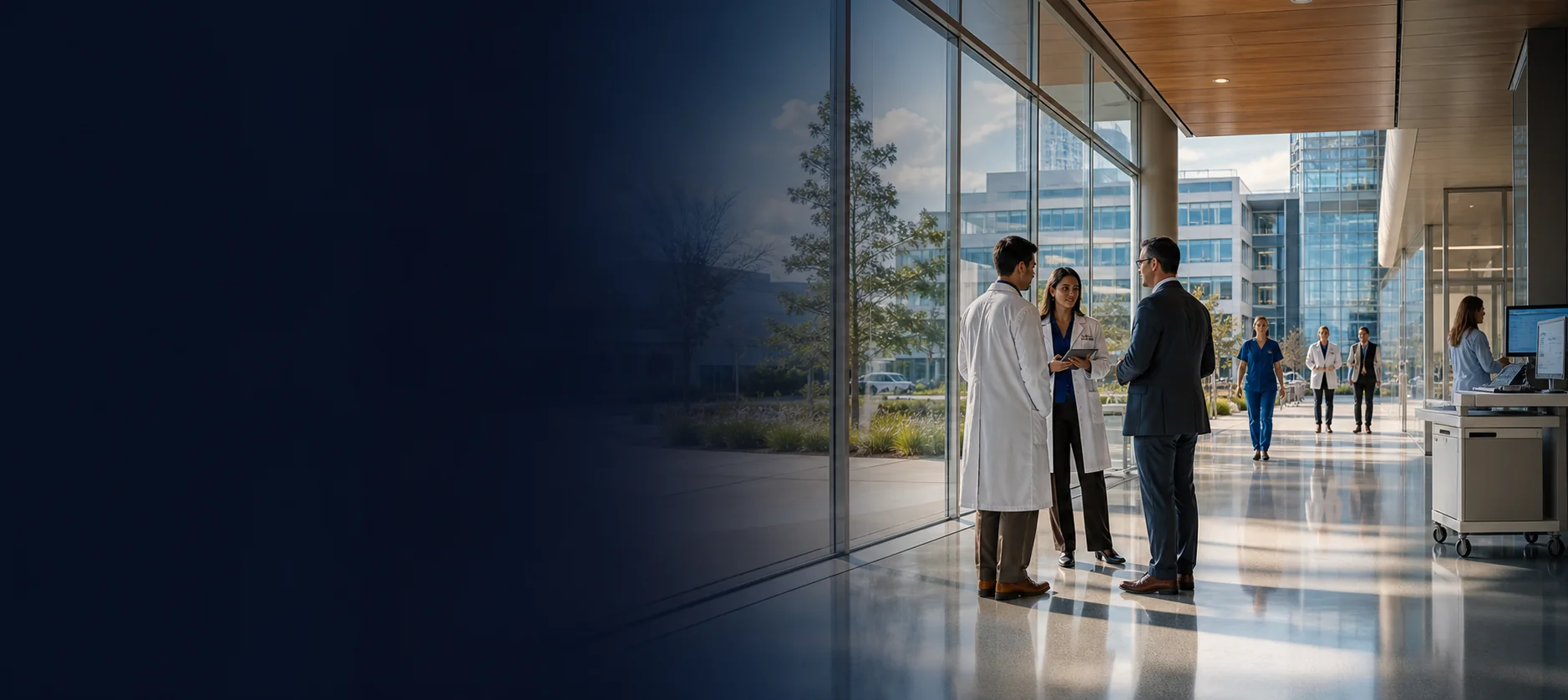 Healthcare professionals in a modern medical building