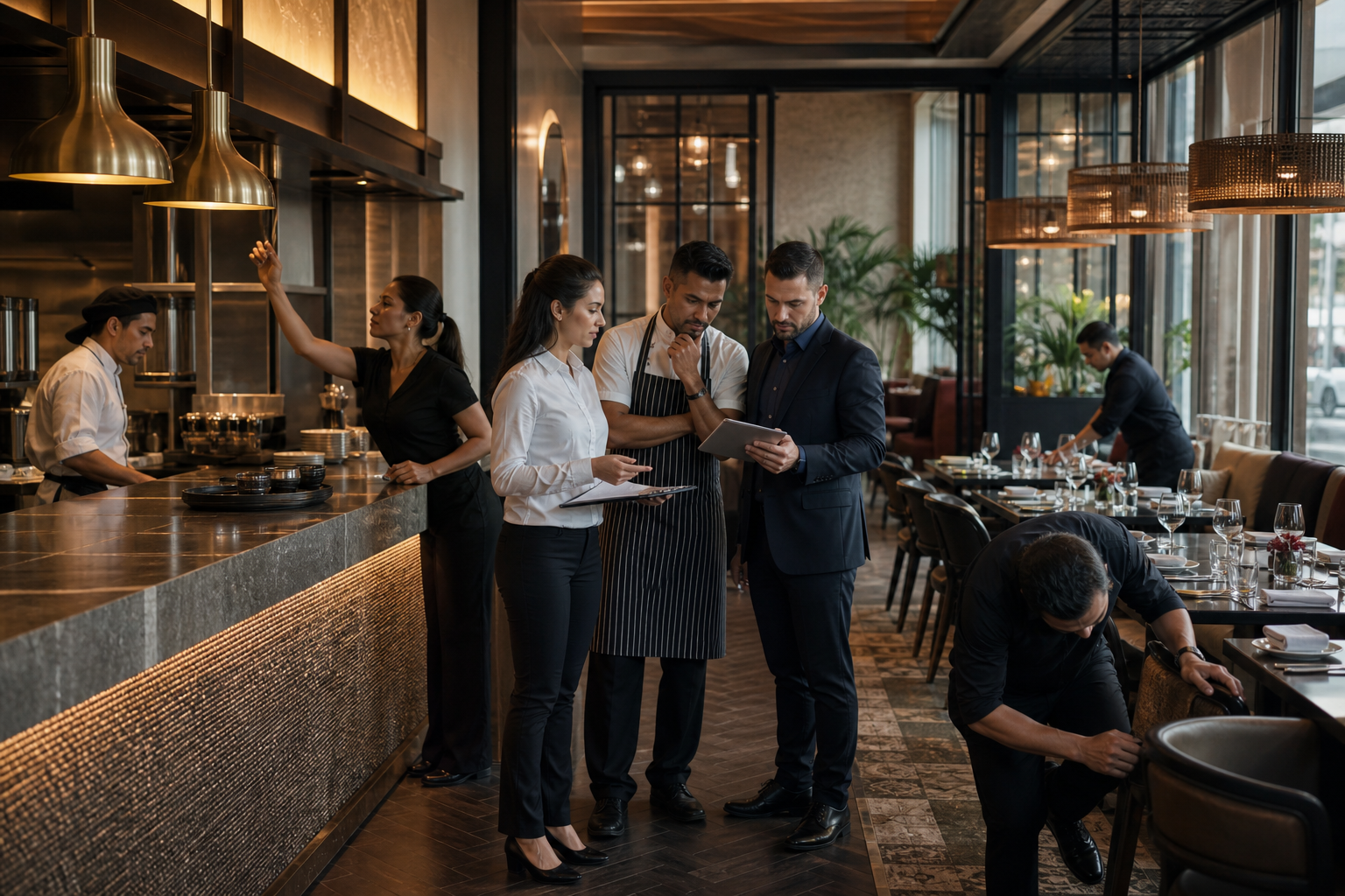 Restaurant team preparing the dining room