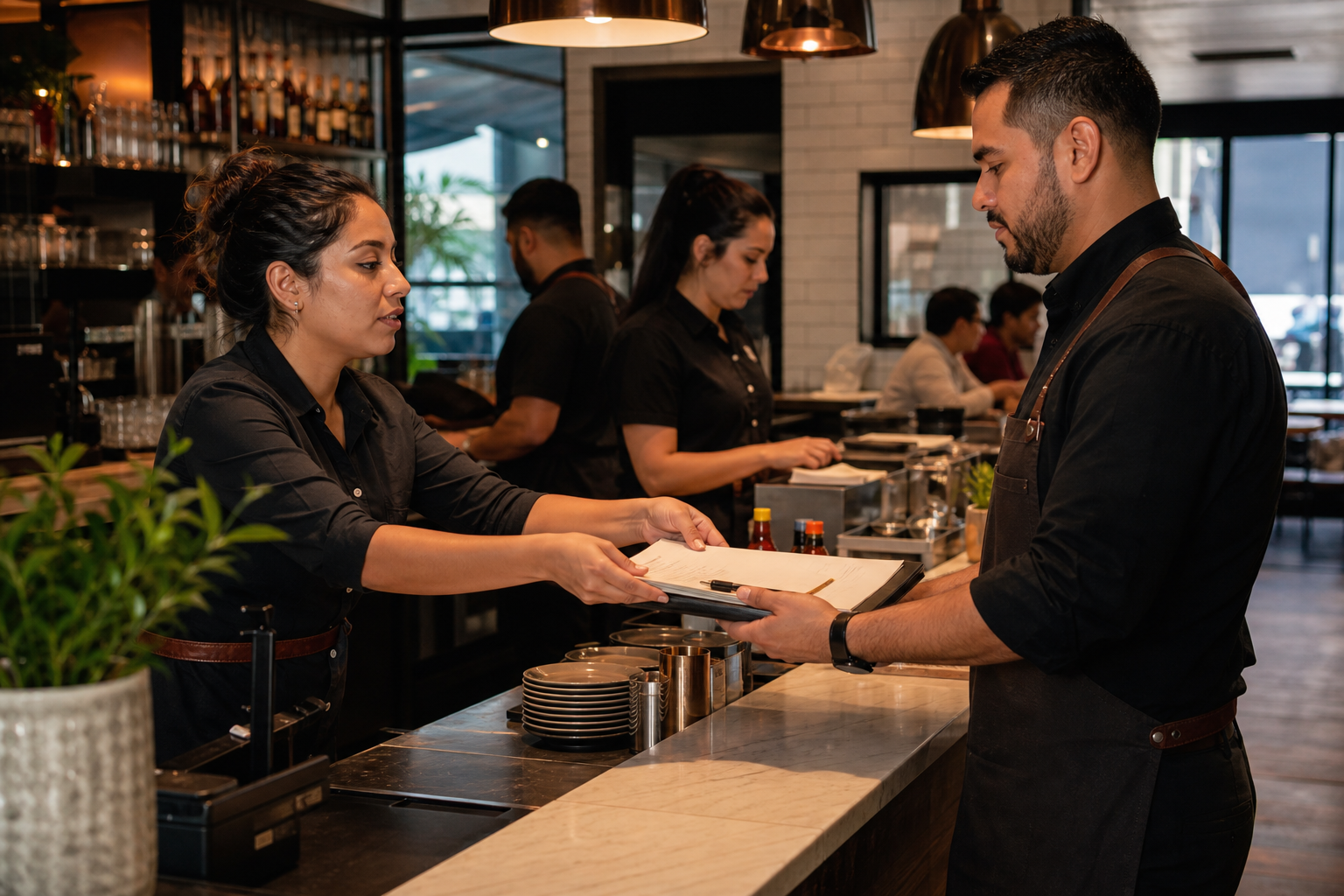 Hospitality team reviewing information at a counter