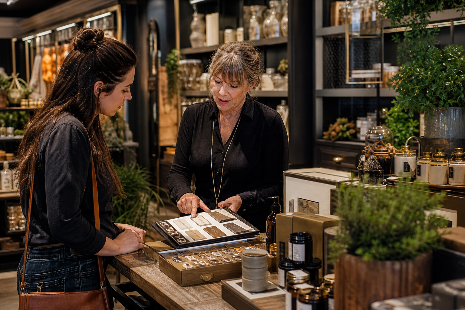 Retail business owner discussing products with a customer