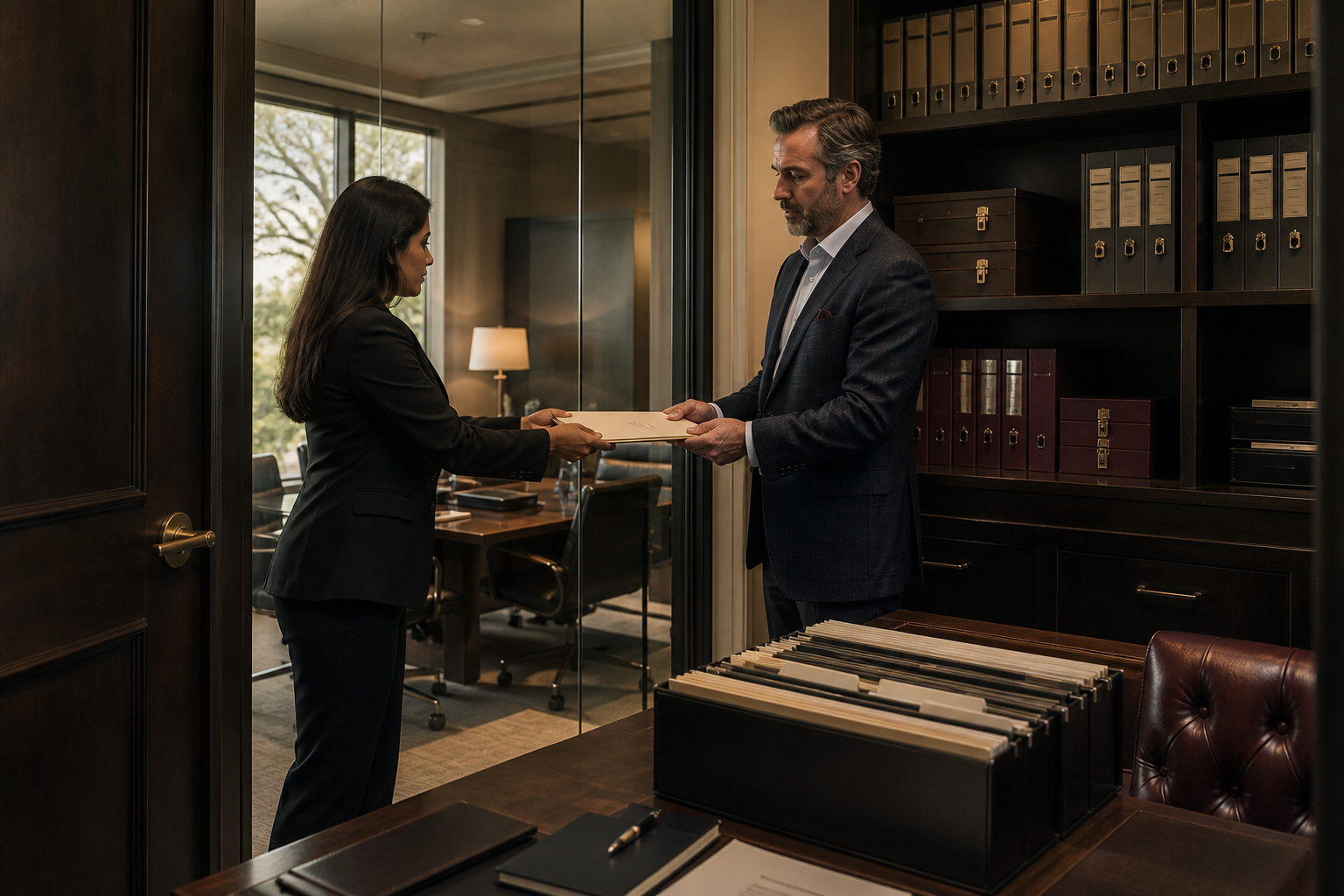 Professionals discussing a document in an office