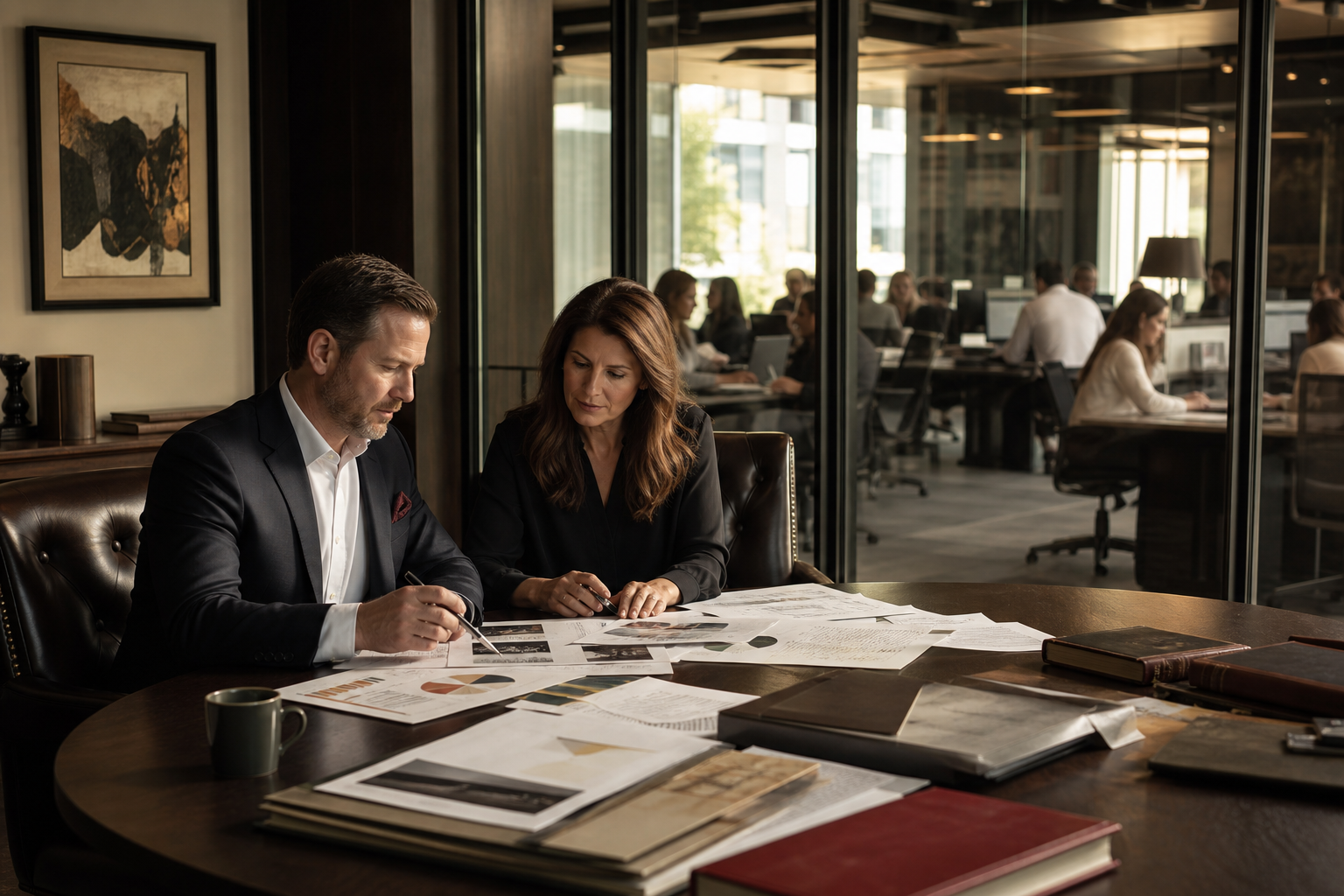 Advisors reviewing business information together