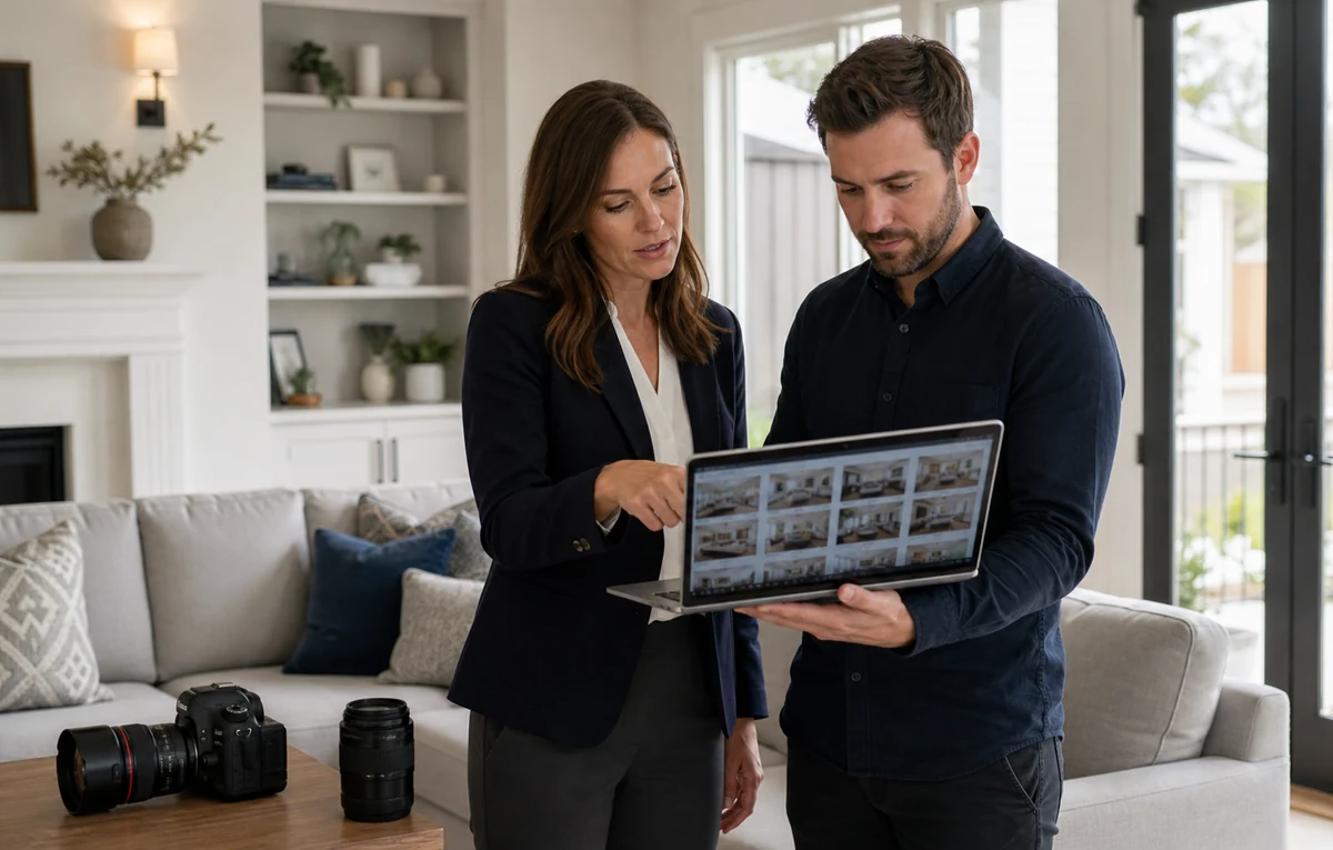 Real estate agent discussing property photographs