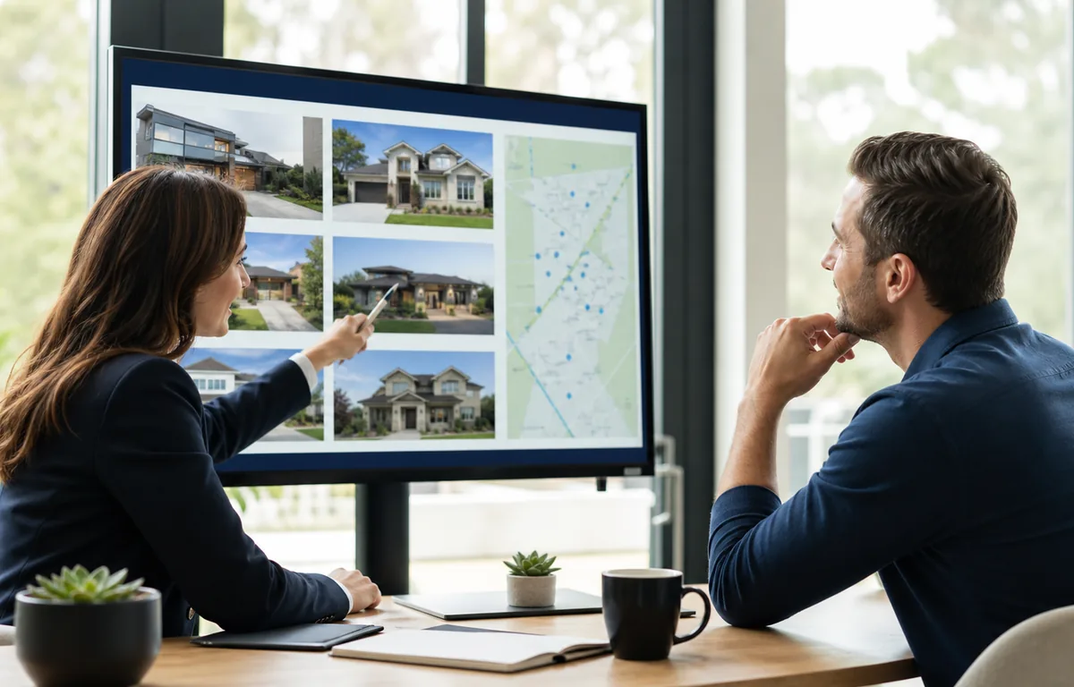 Agent and customer reviewing property choices