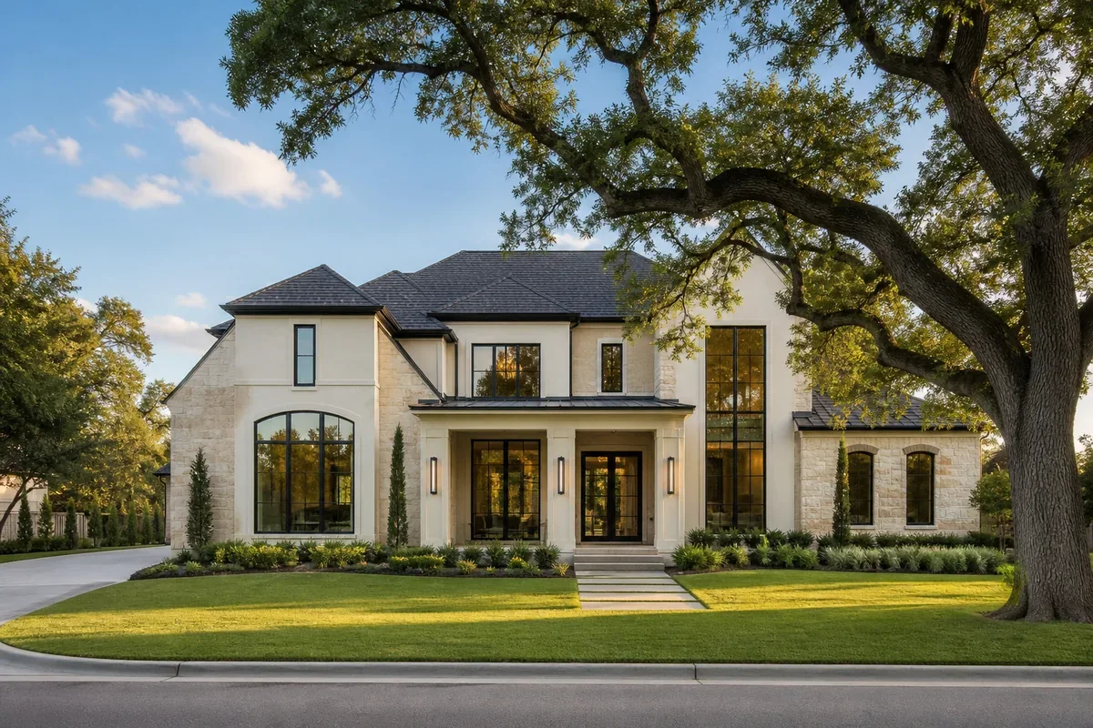 House exterior and landscaped lawn