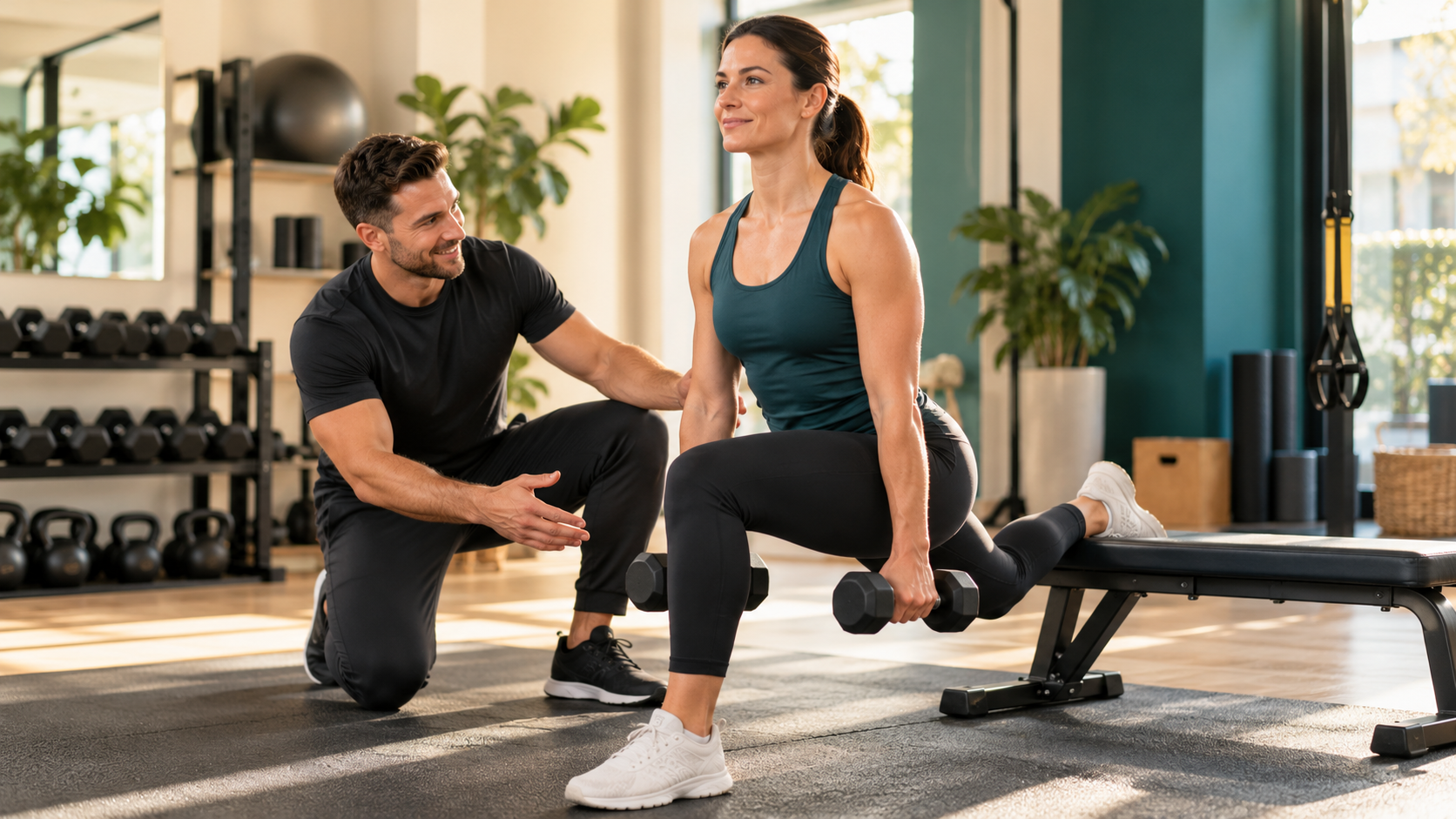 Personal trainer coaching an adult in a boutique fitness studio