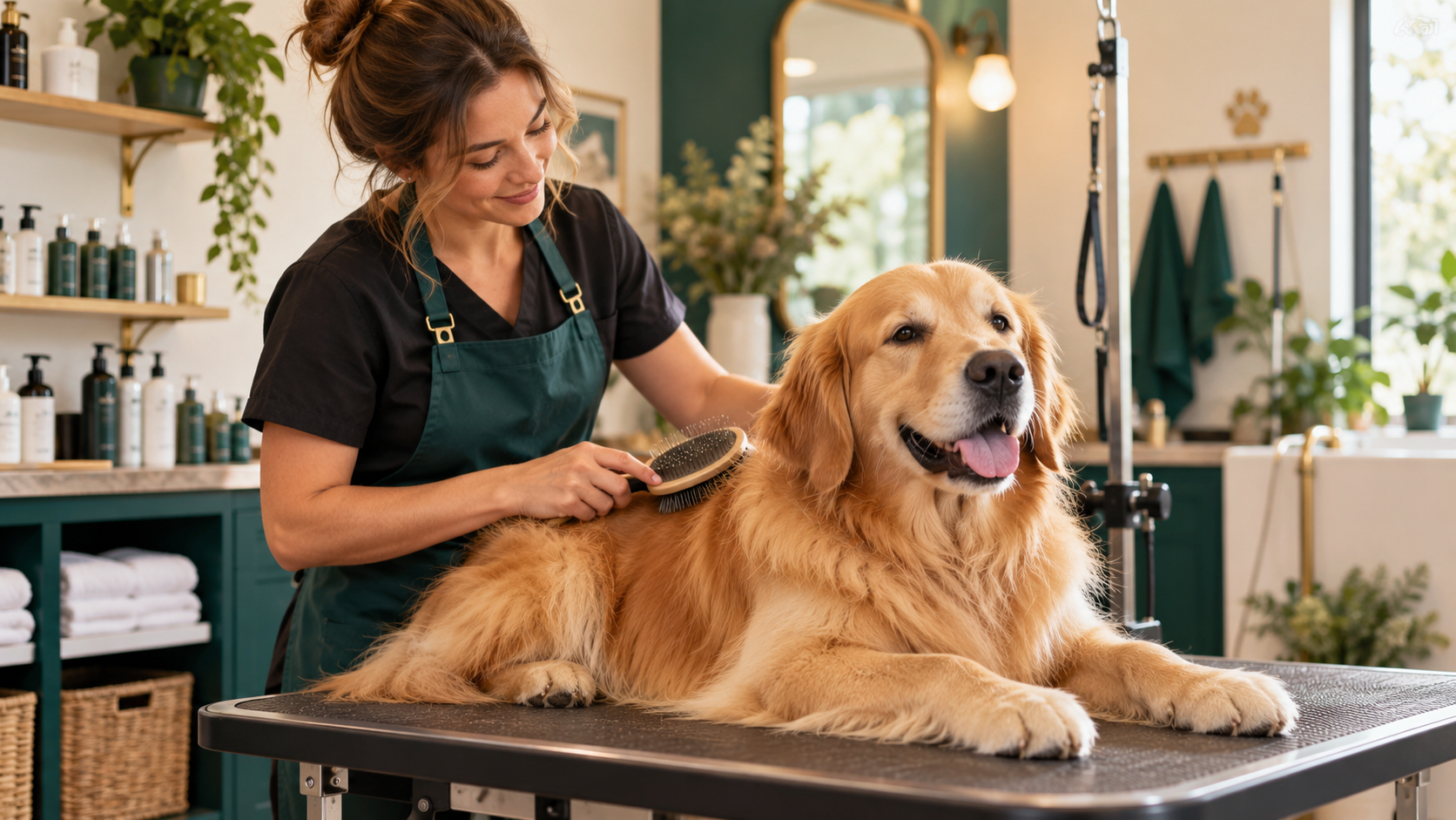 Groomer brushing a relaxed golden retriever