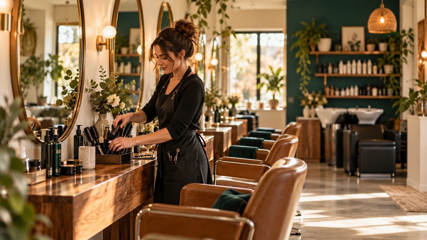 Stylist preparing tools in a warmly lit salon